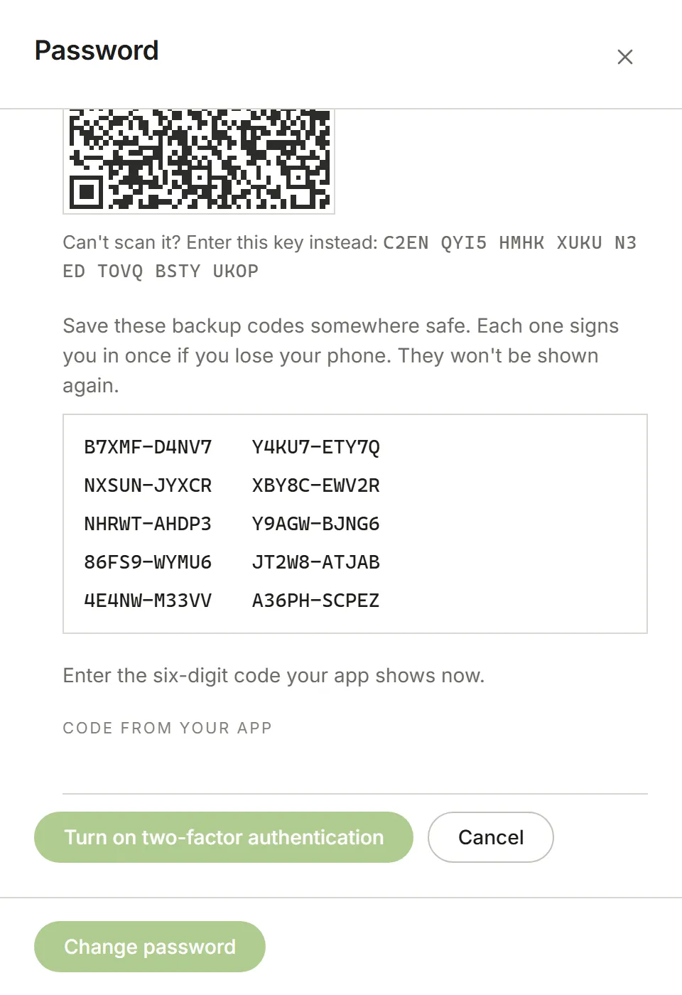 Setting up two-factor: a QR code, the key, backup codes and a box for the code