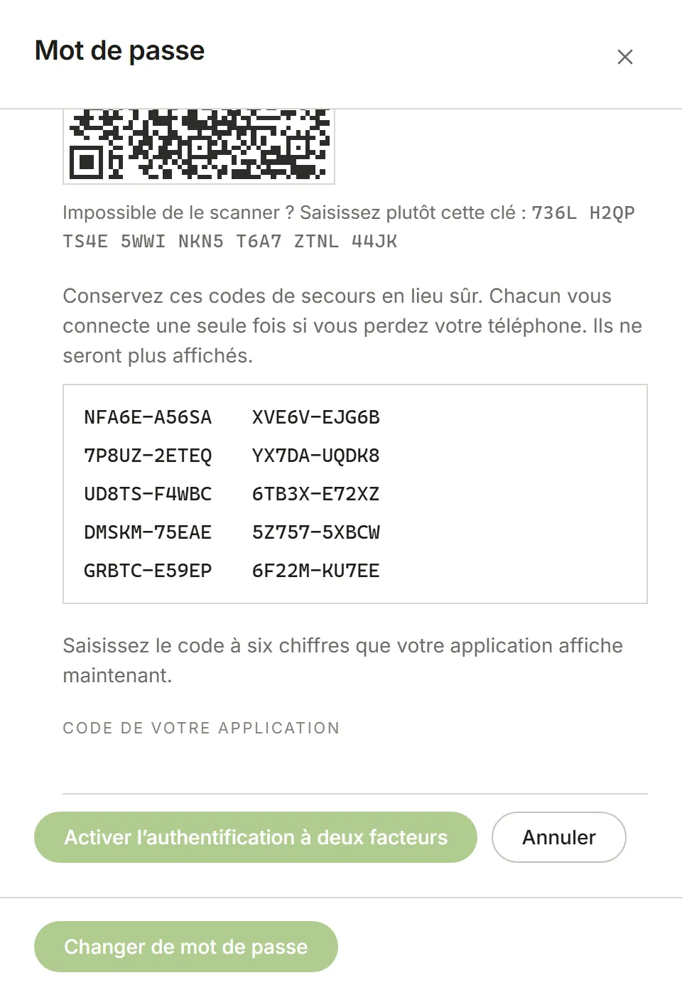 Configuration de l’authentification à deux facteurs : un code QR, la clé, les codes de secours et un champ pour le code