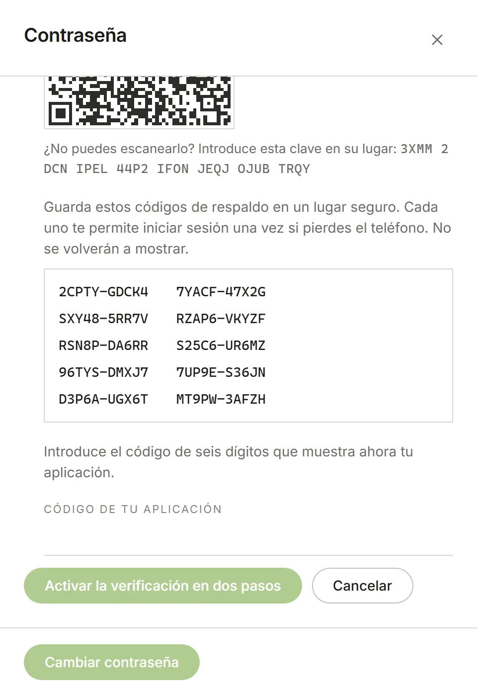 Configuración de la verificación en dos pasos: un código QR, la clave, los códigos de respaldo y un campo para el código