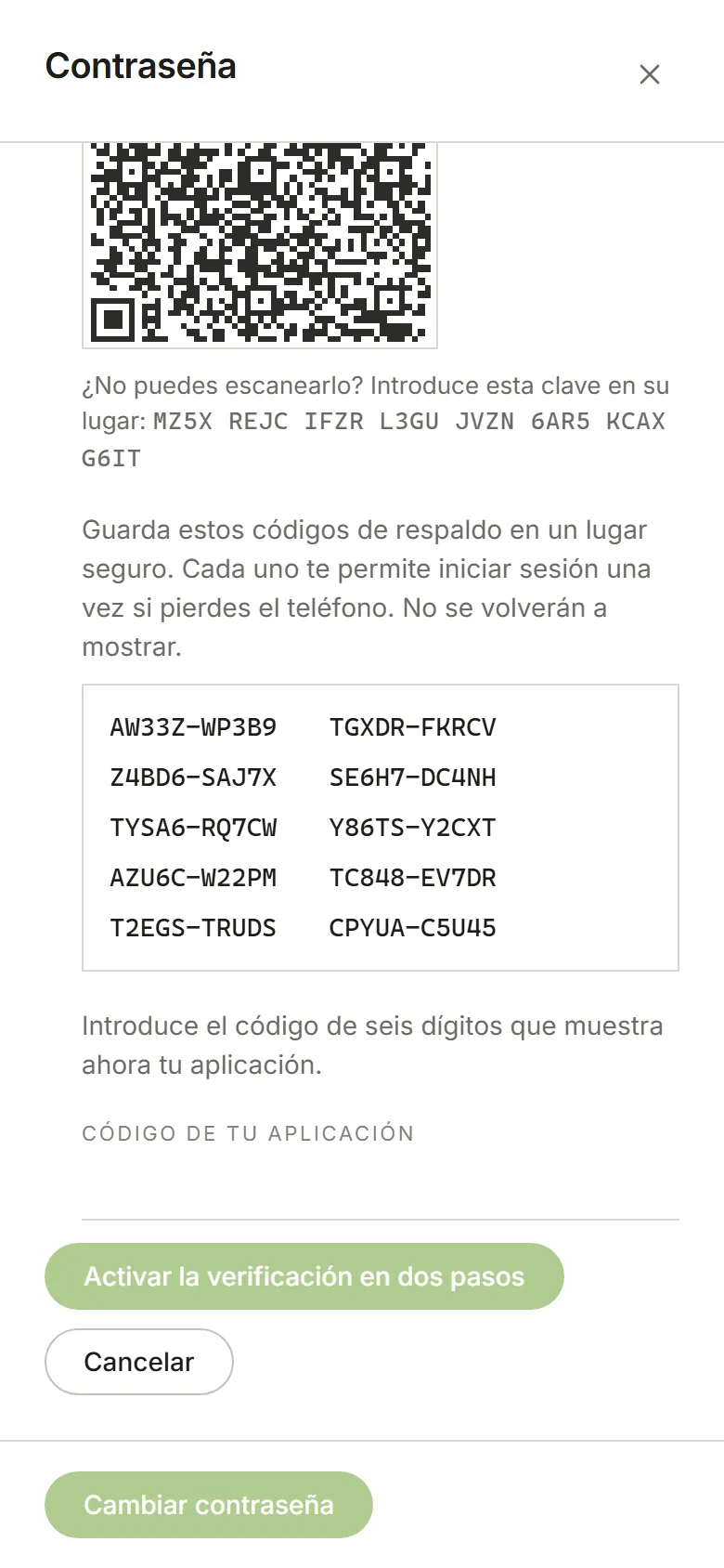 Configuración de la verificación en dos pasos: un código QR, la clave, los códigos de respaldo y un campo para el código