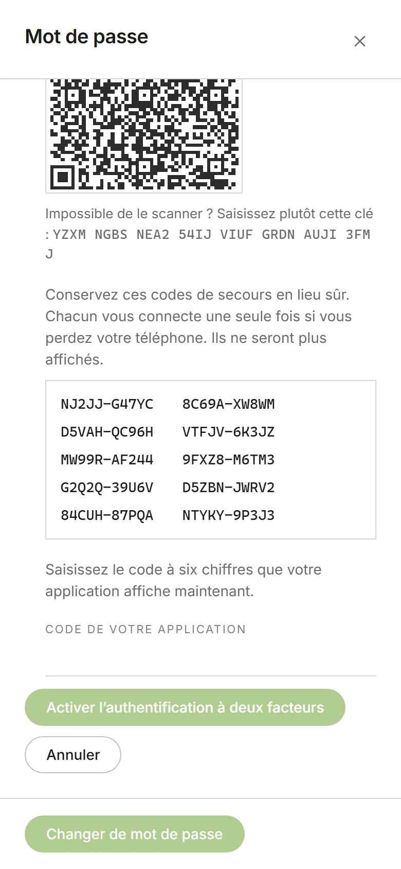 Configuration de l’authentification à deux facteurs : un code QR, la clé, les codes de secours et un champ pour le code