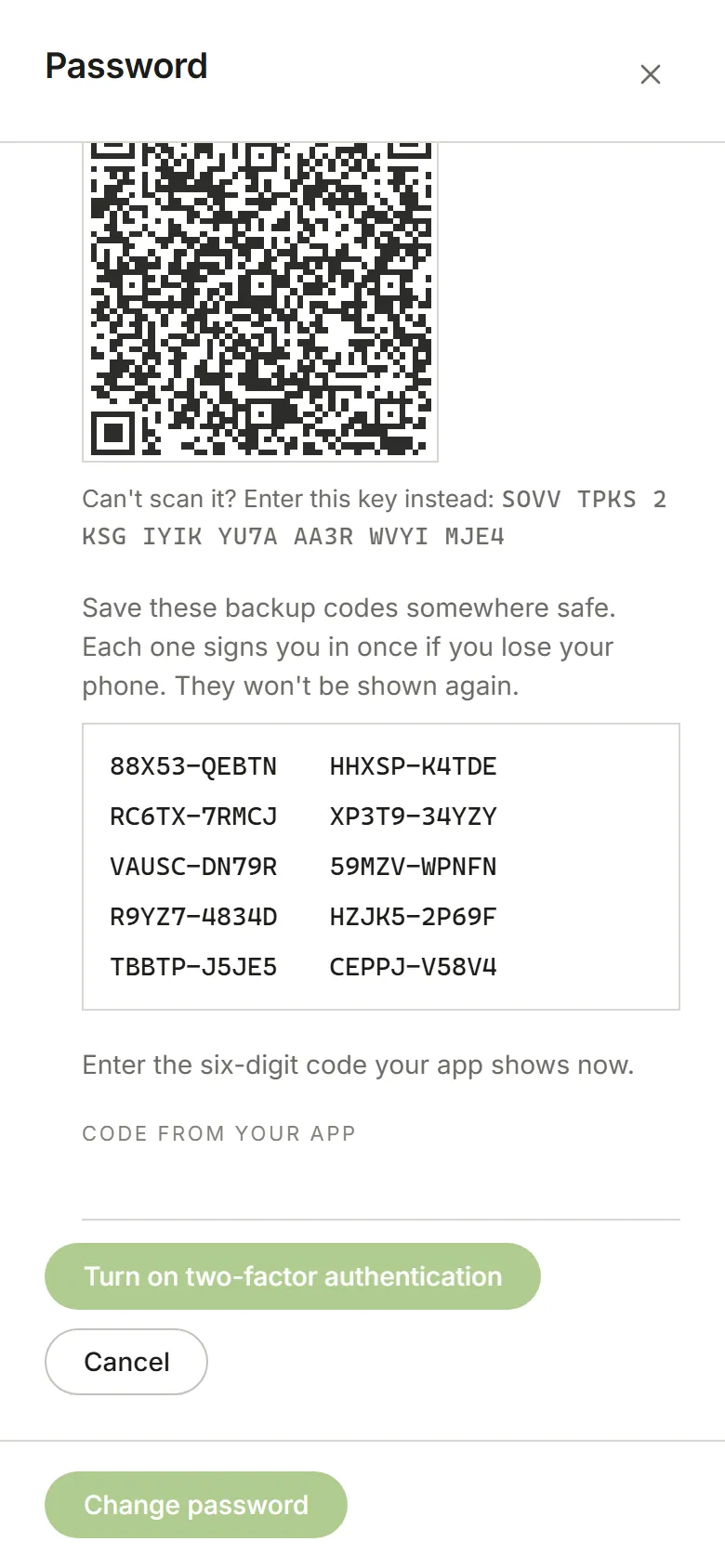 Setting up two-factor: a QR code, the key, backup codes and a box for the code