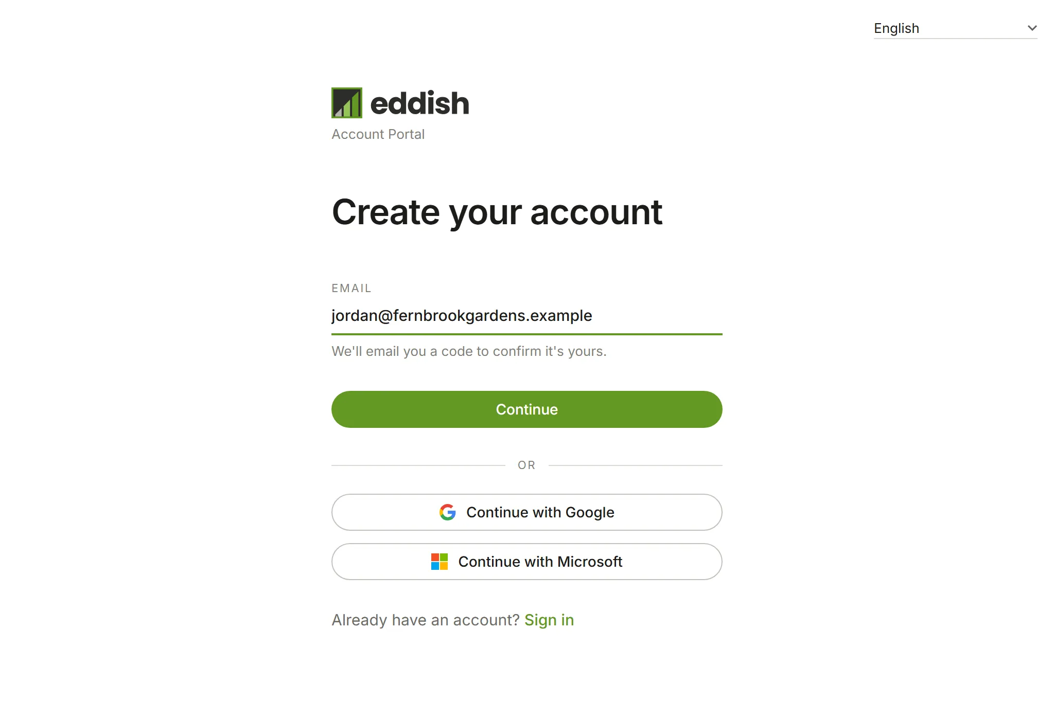 The Create your account page with an email address entered