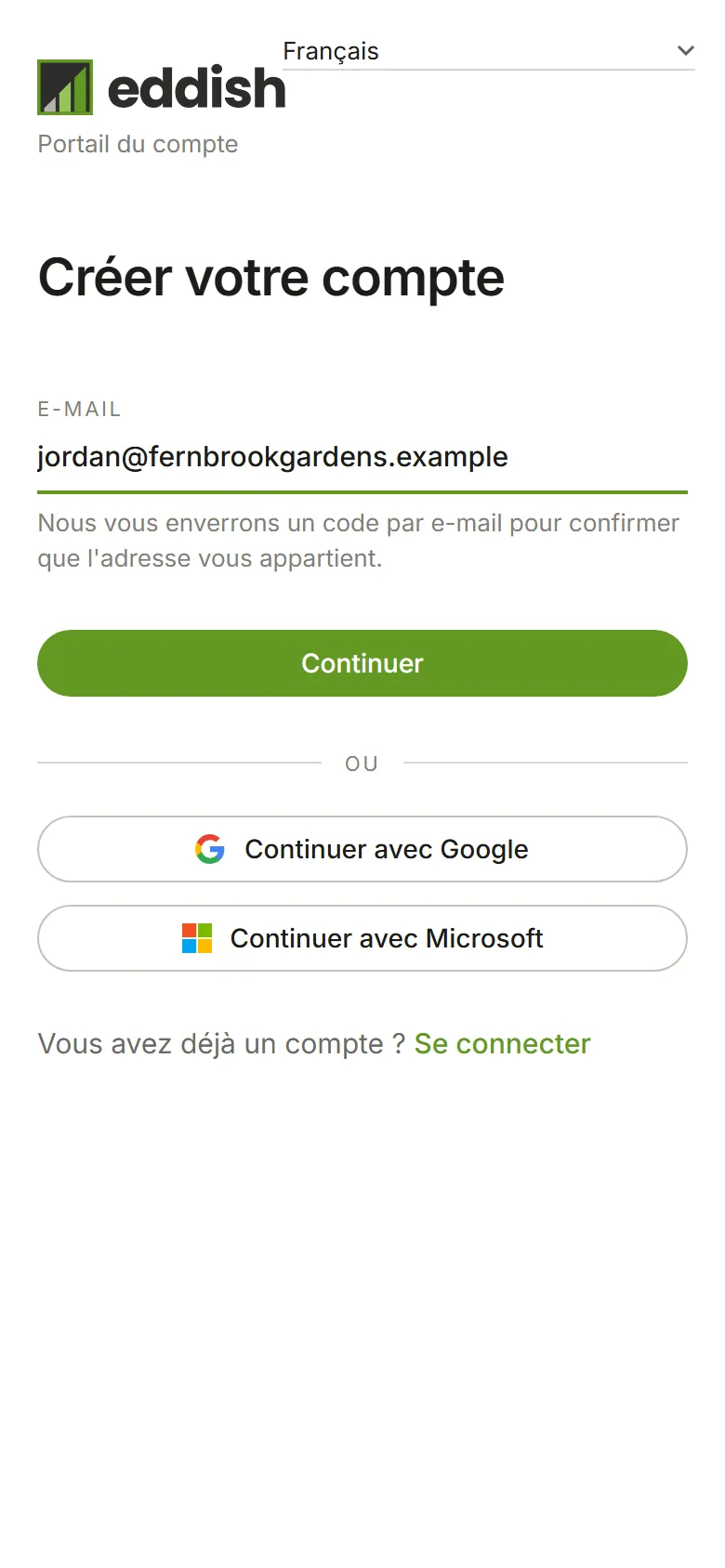 La page de création de compte avec une adresse e-mail saisie