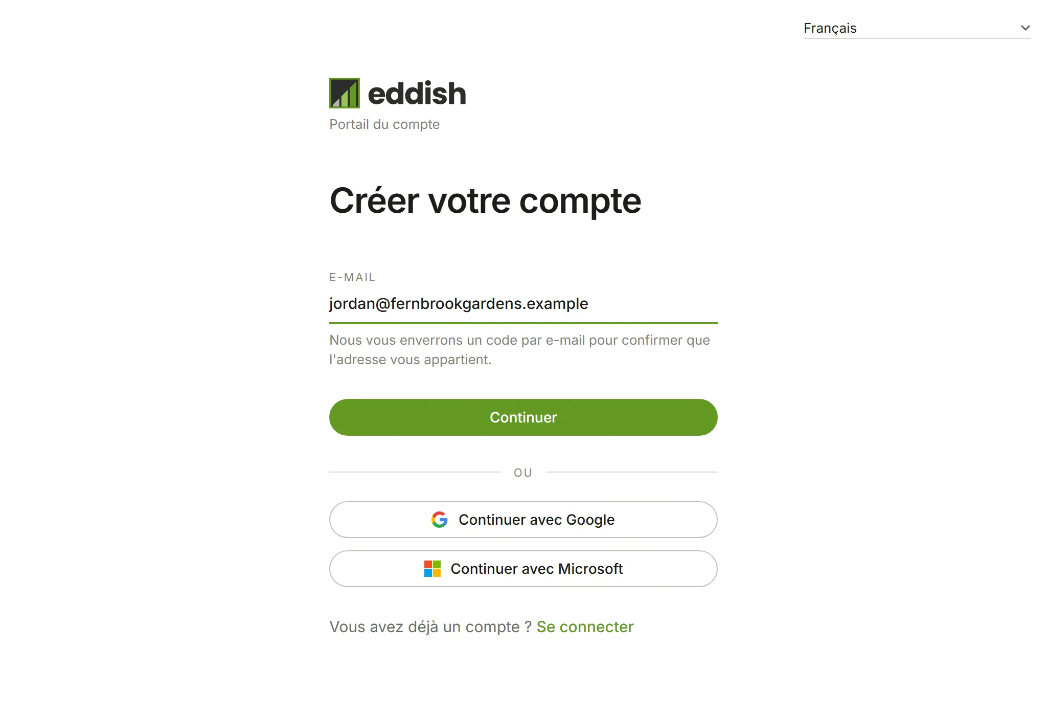La page de création de compte avec une adresse e-mail saisie