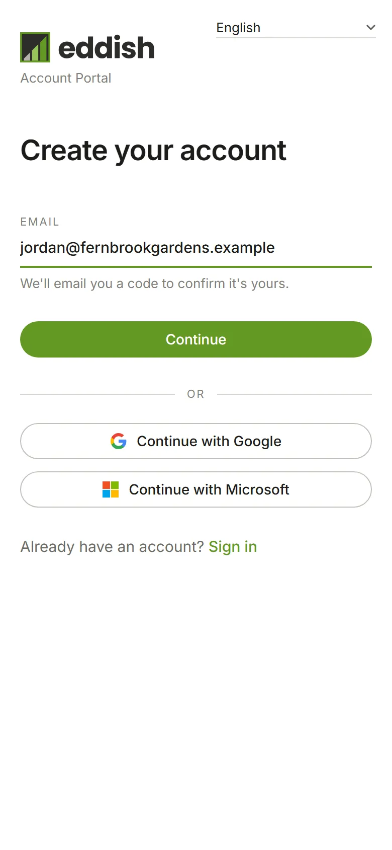 The Create your account page with an email address entered