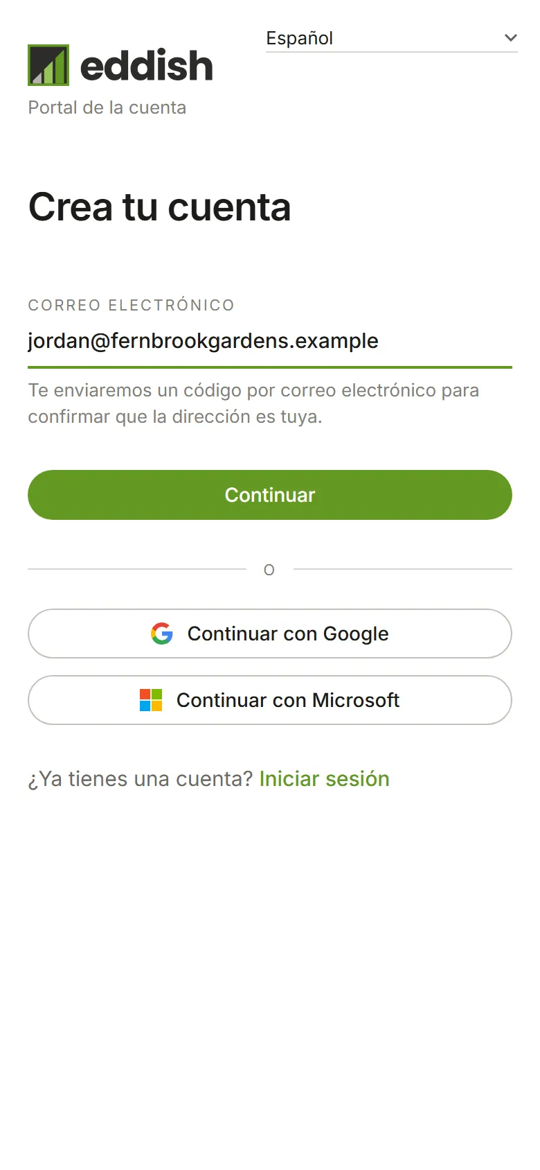 La página de creación de cuenta con una dirección de correo electrónico escrita