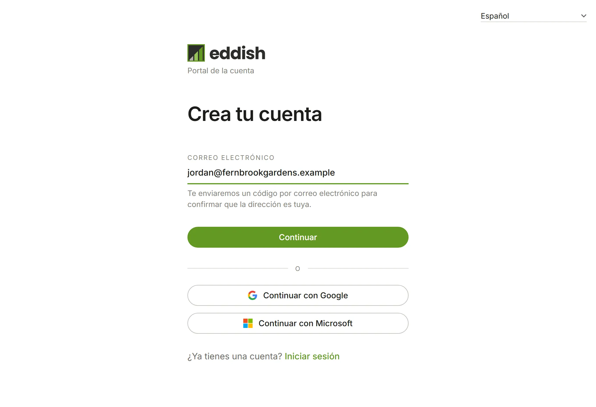 La página de creación de cuenta con una dirección de correo electrónico escrita