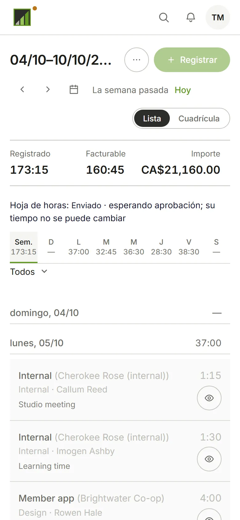 Una semana enviada: pendiente de aprobación, con su tiempo bloqueado