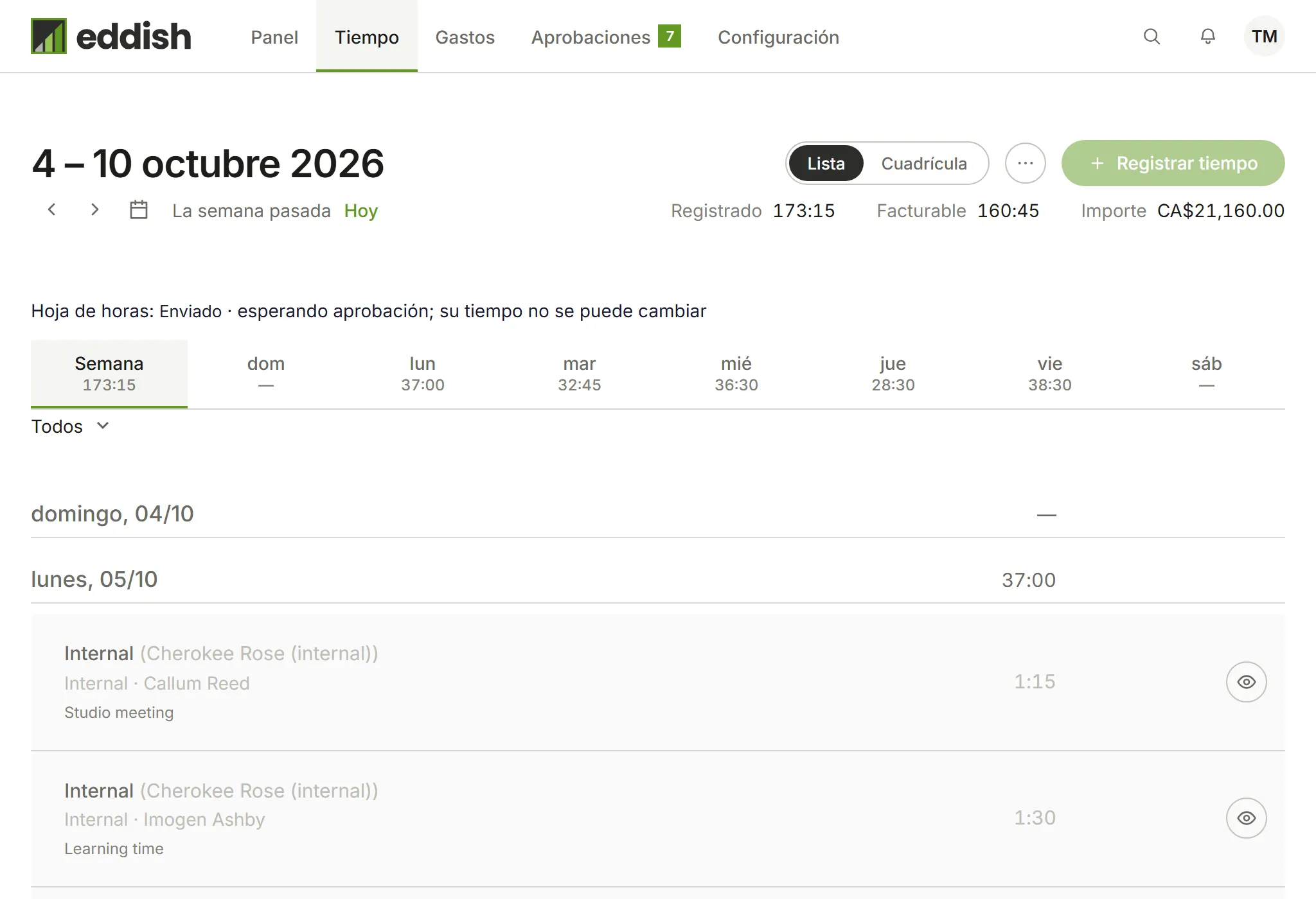 Una semana enviada: pendiente de aprobación, con su tiempo bloqueado