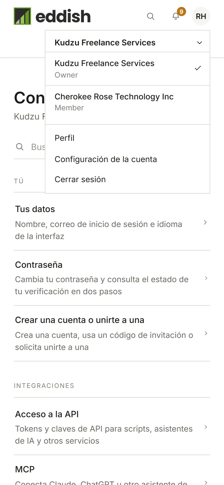 La lista de cuentas: Kudzu Freelance Services como Propietario y Cherokee Rose Technology Inc como Miembro