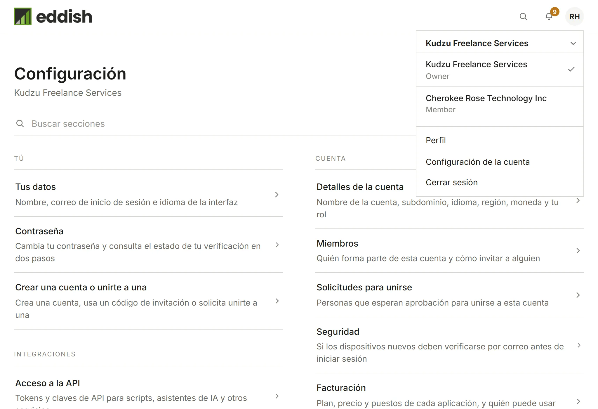 La lista de cuentas: Kudzu Freelance Services como Propietario y Cherokee Rose Technology Inc como Miembro