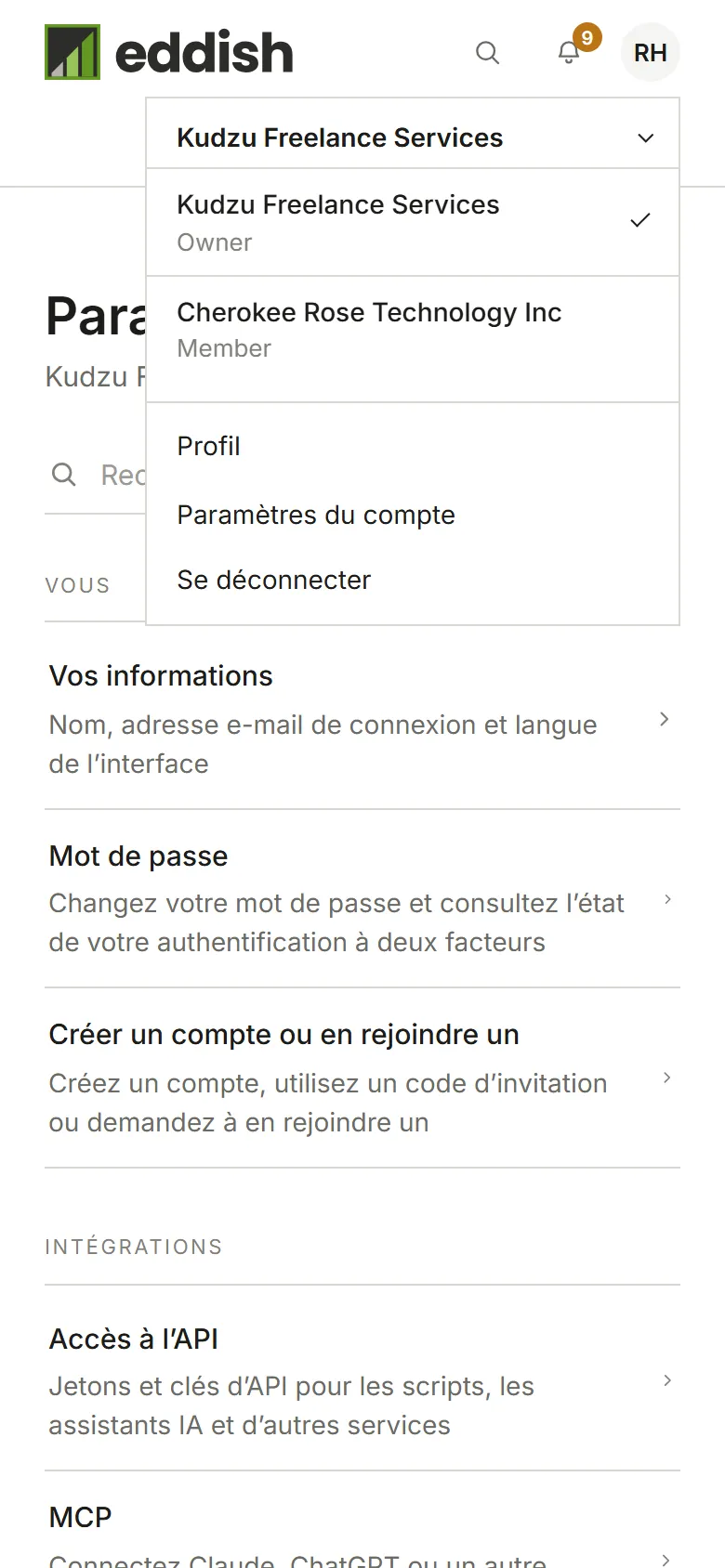 La liste des comptes : Kudzu Freelance Services comme Propriétaire, et Cherokee Rose Technology Inc comme Membre