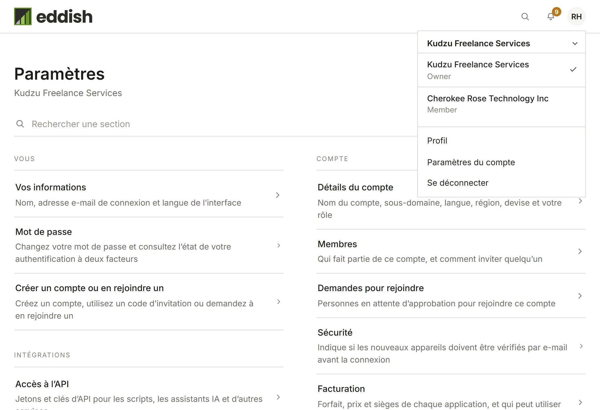 La liste des comptes : Kudzu Freelance Services comme Propriétaire, et Cherokee Rose Technology Inc comme Membre