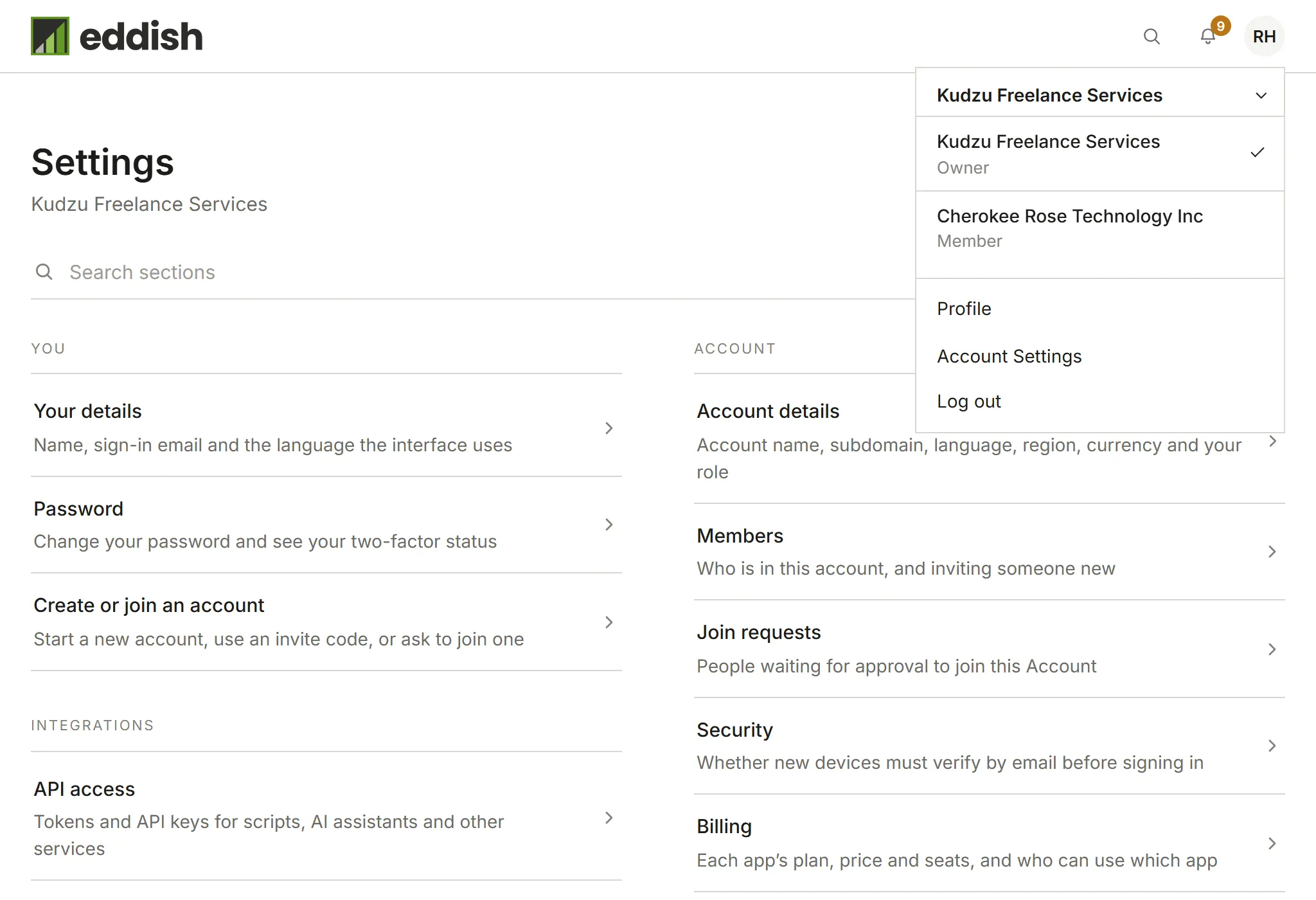 The account list: Kudzu Freelance Services as Owner, and Cherokee Rose Technology Inc as a Member