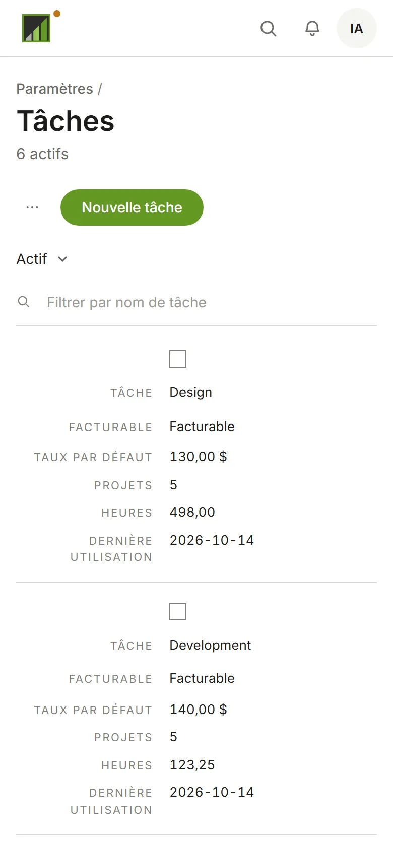 La liste des tâches