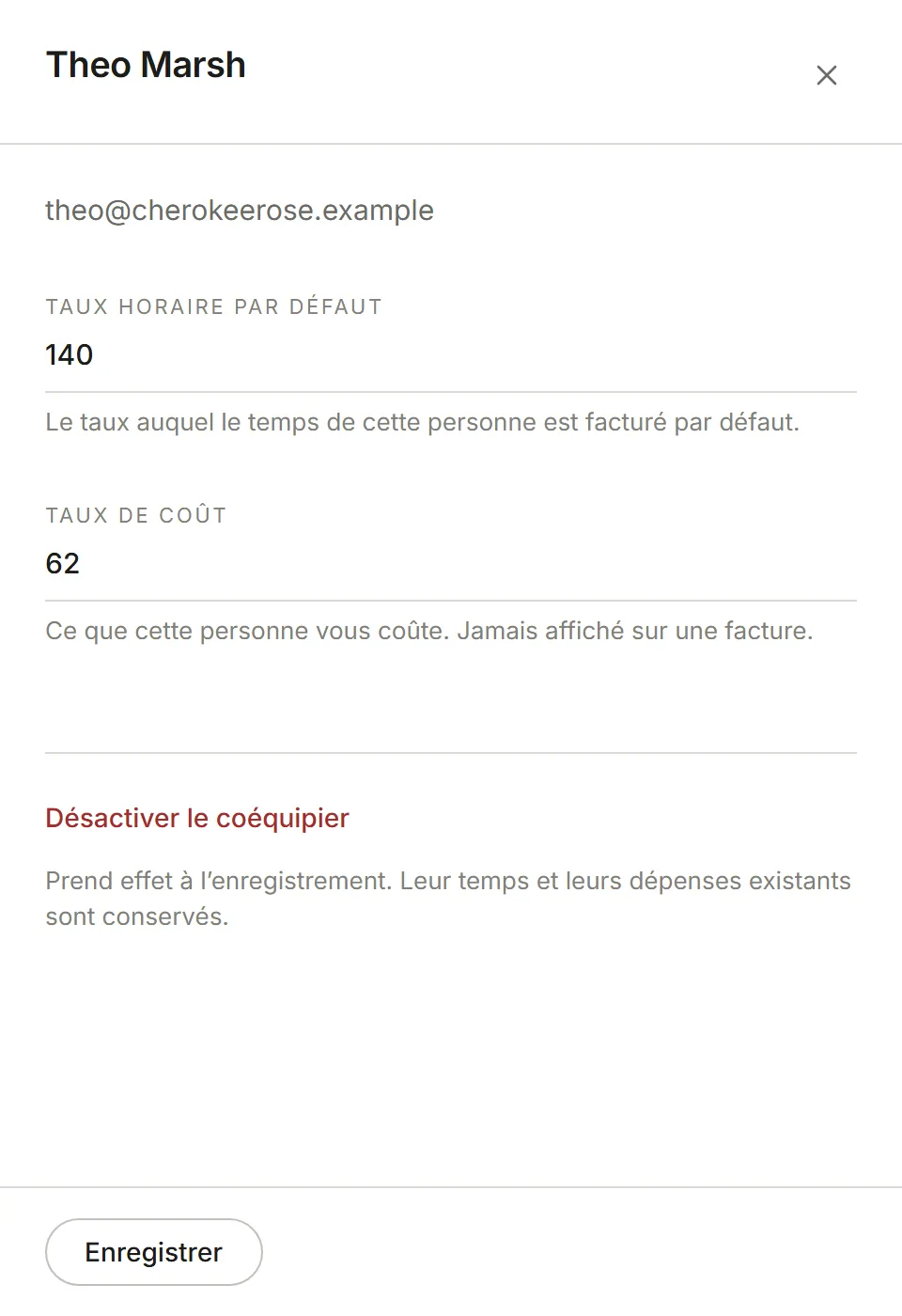 Le panneau d’un coéquipier : taux horaire par défaut et taux de coût