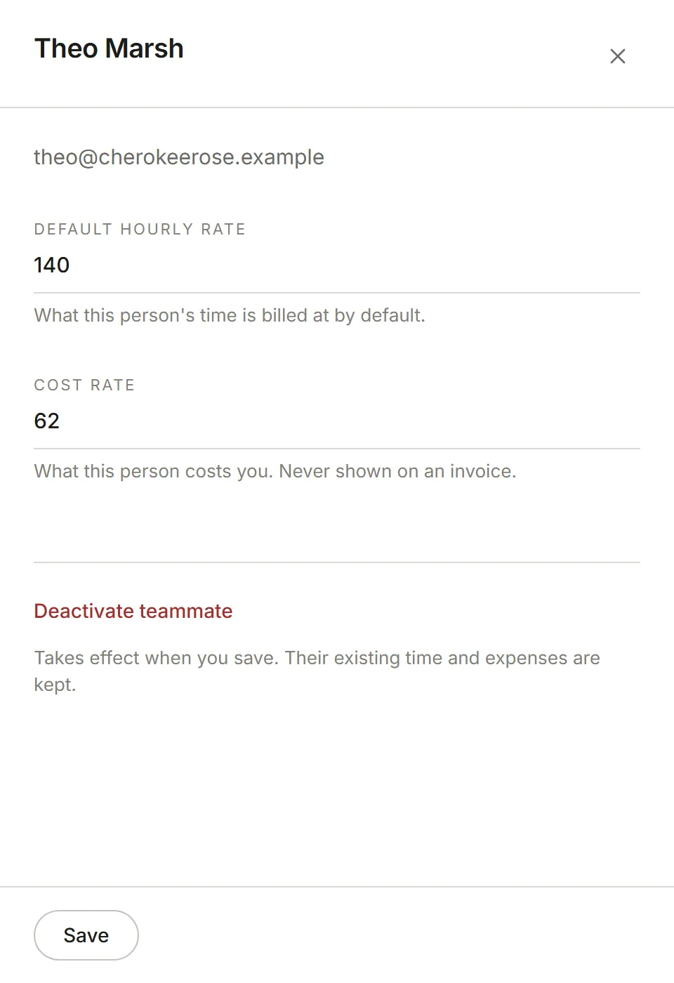 A teammate's panel: default hourly rate and cost rate