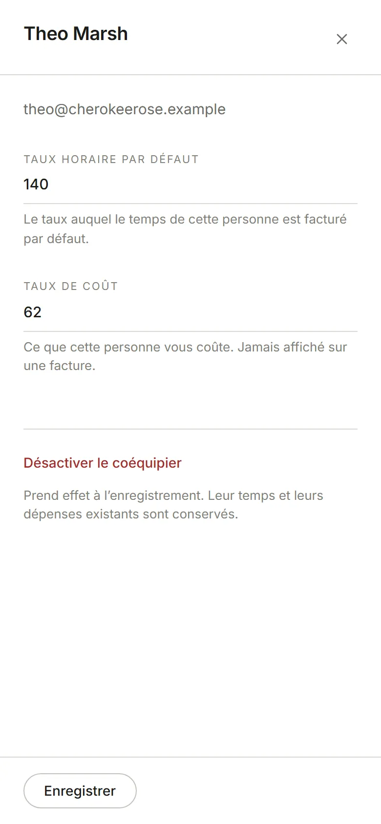 Le panneau d’un coéquipier : taux horaire par défaut et taux de coût