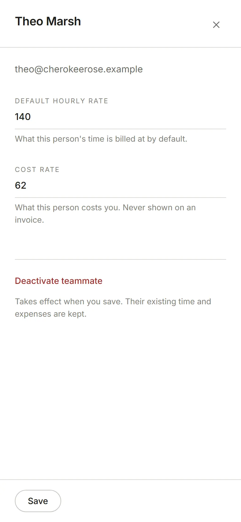 A teammate's panel: default hourly rate and cost rate