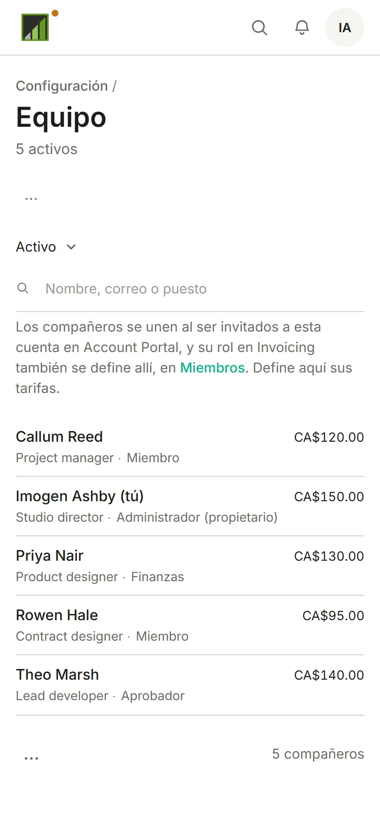 La lista del equipo