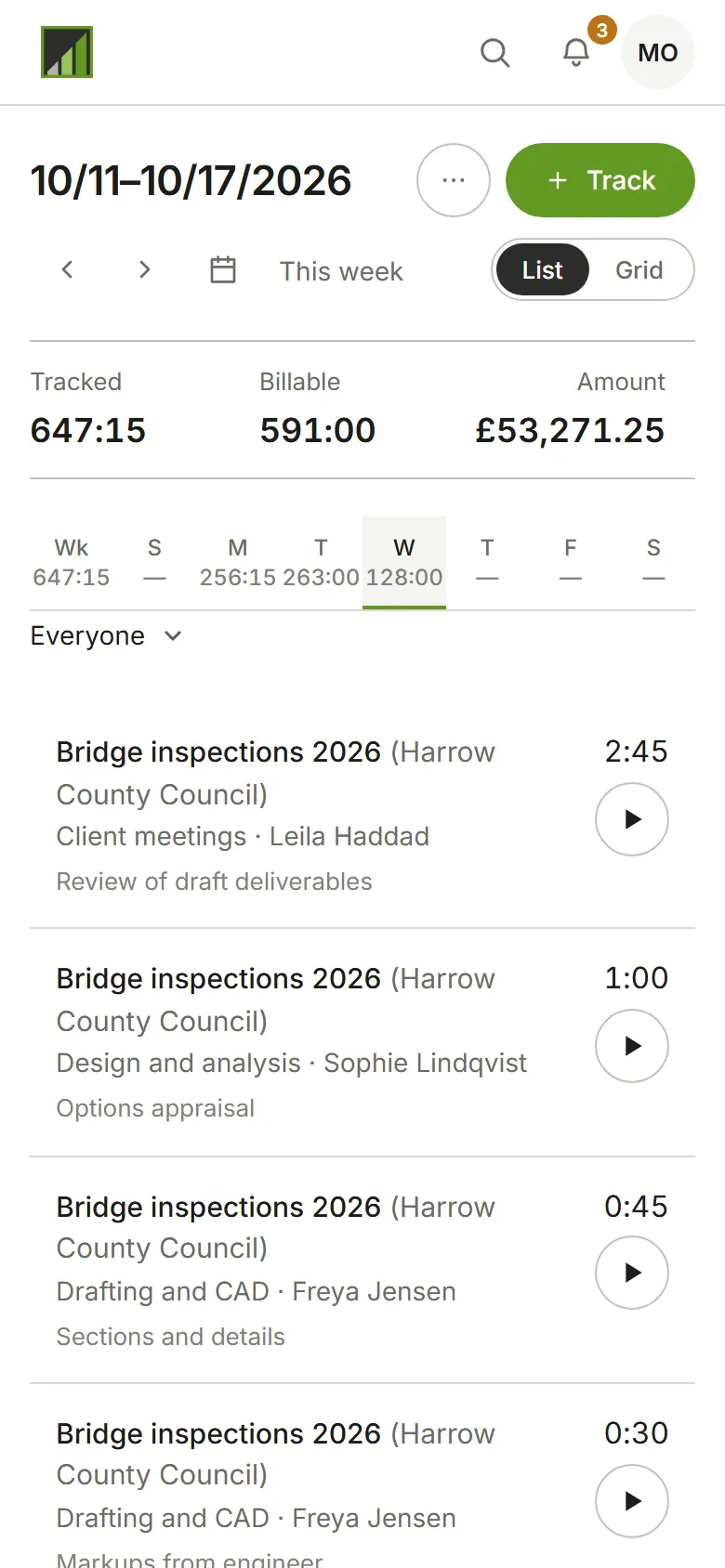 The Time page for one week, with the day's entries listed