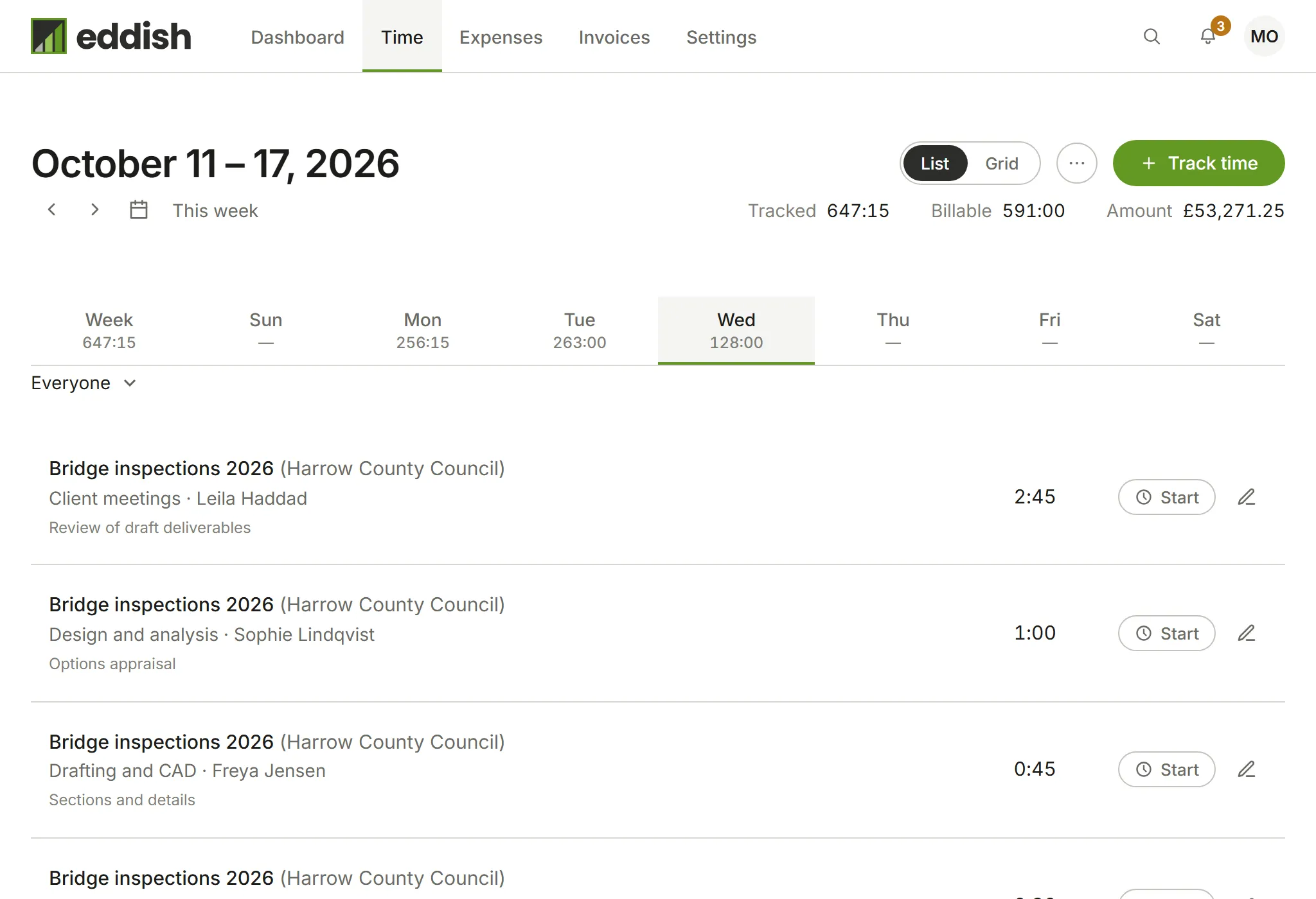The Time page for one week, with the day's entries listed