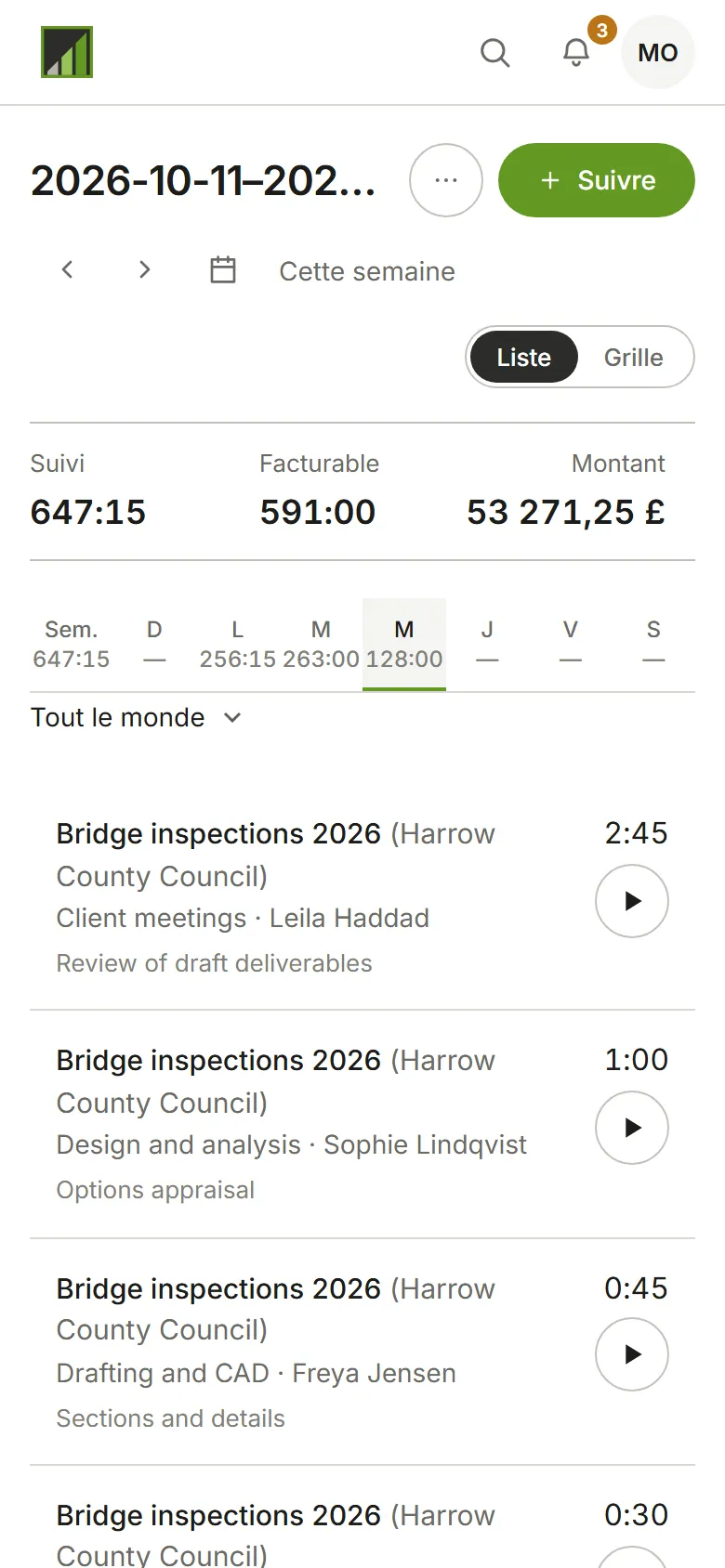 La page Temps pour une semaine, avec les saisies du jour listées