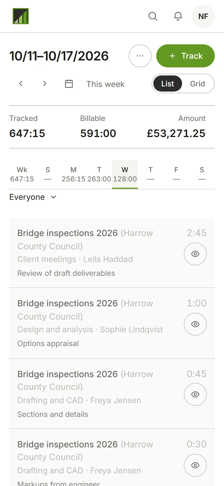 The Time page for one week, with the day's entries listed