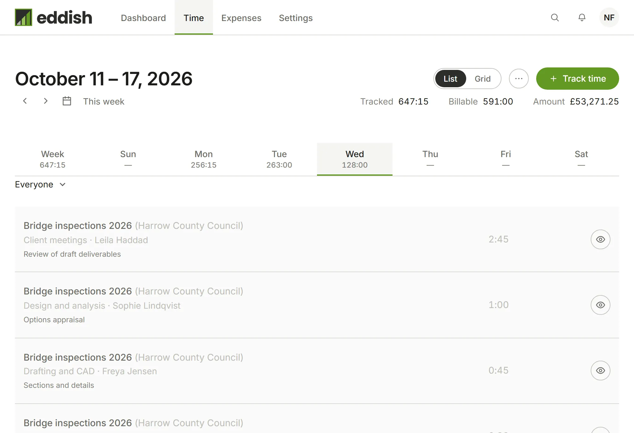 The Time page for one week, with the day's entries listed