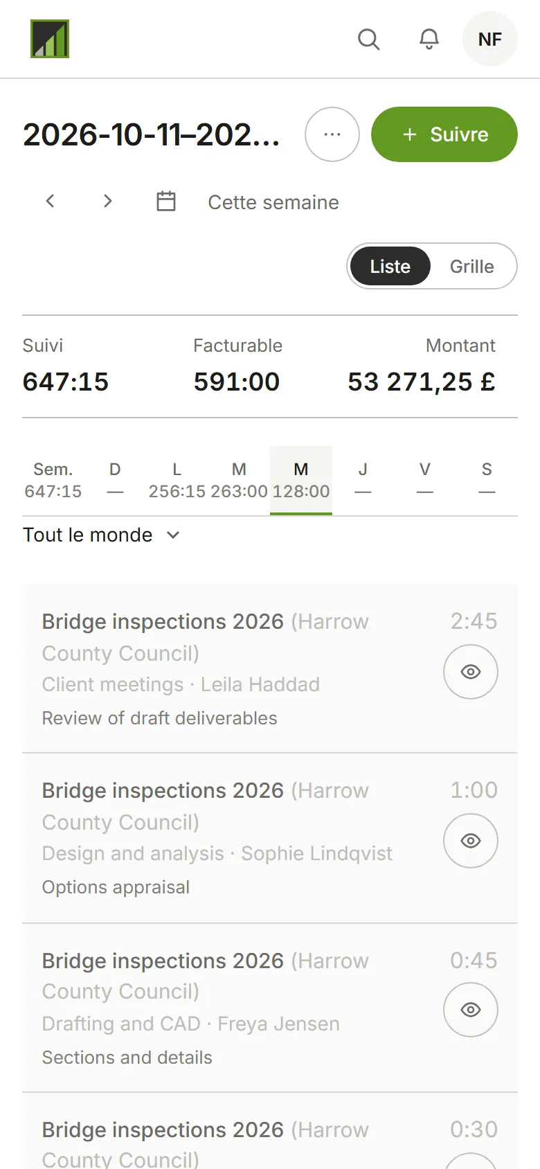 La page Temps pour une semaine, avec les saisies du jour listées