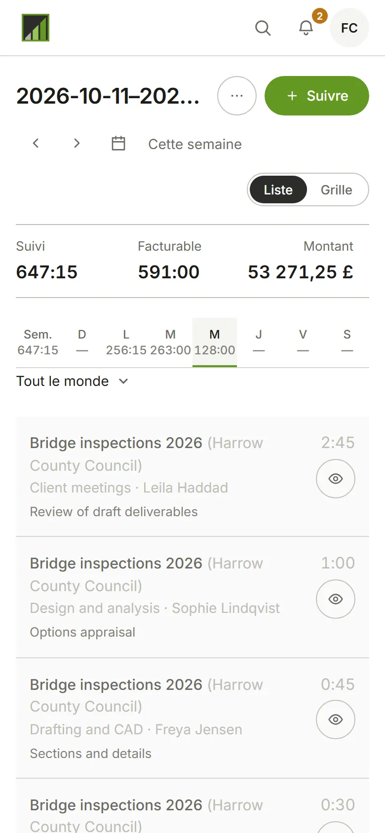 La page Temps pour une semaine, avec les saisies du jour listées