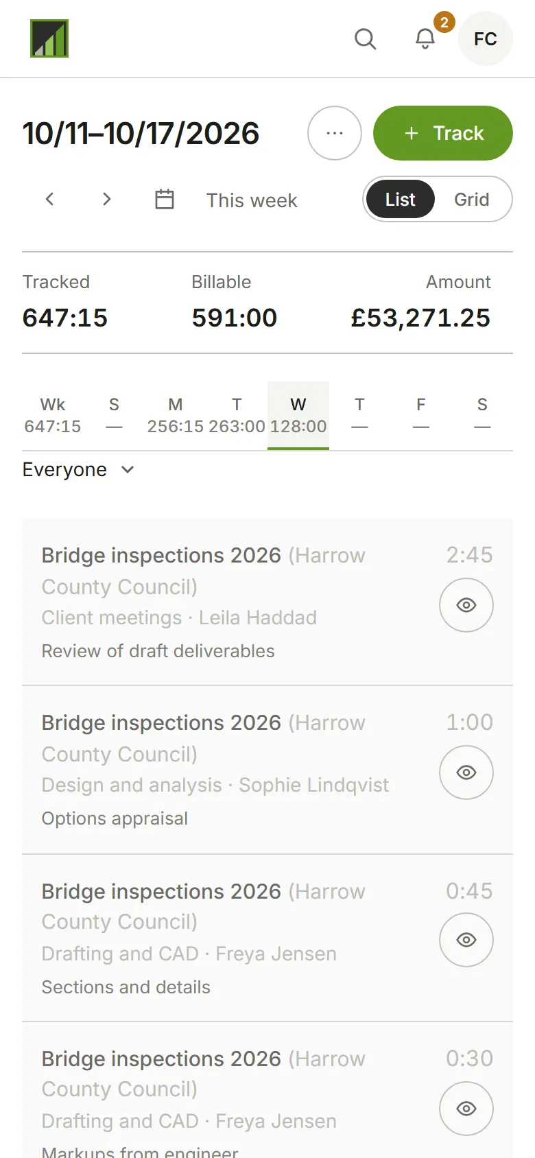 The Time page for one week, with the day's entries listed