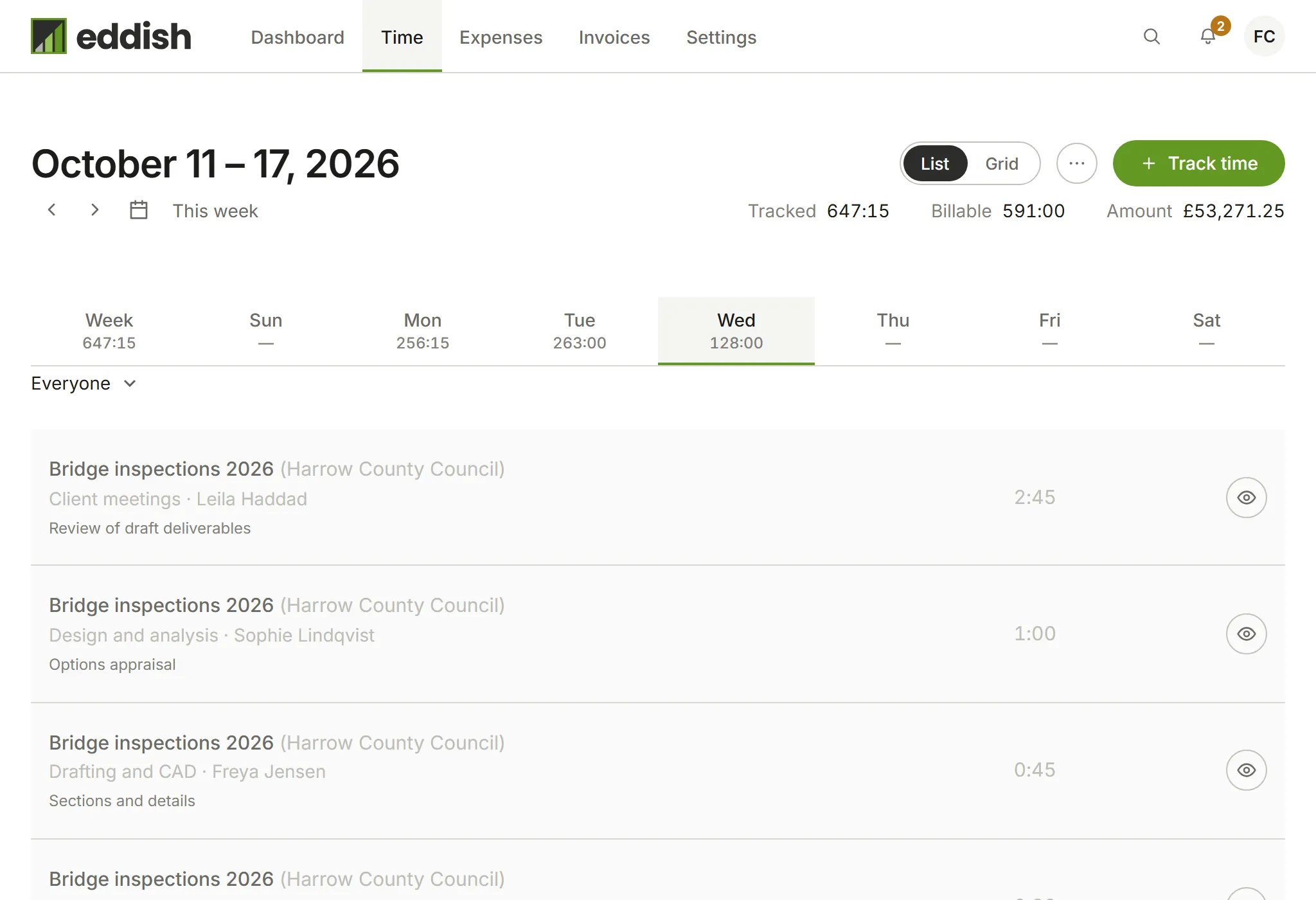 The Time page for one week, with the day's entries listed