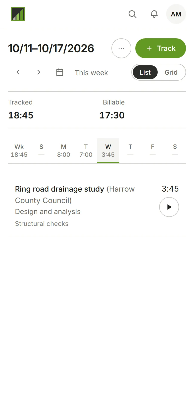 The Time page for one week, with the day's entries listed