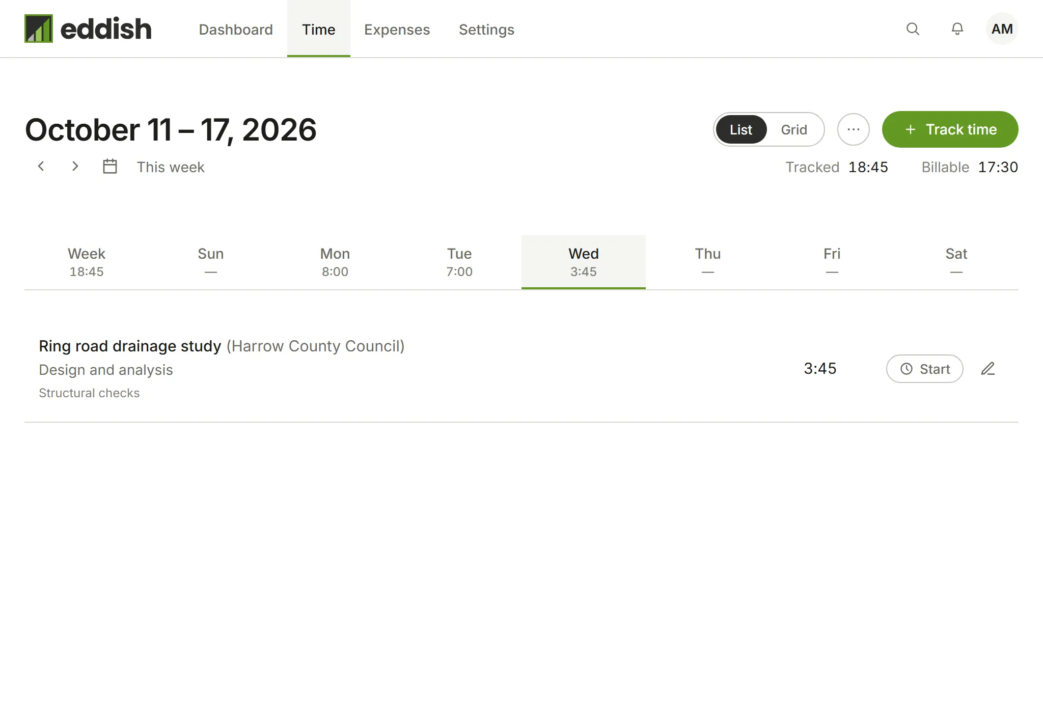 The Time page for one week, with the day's entries listed