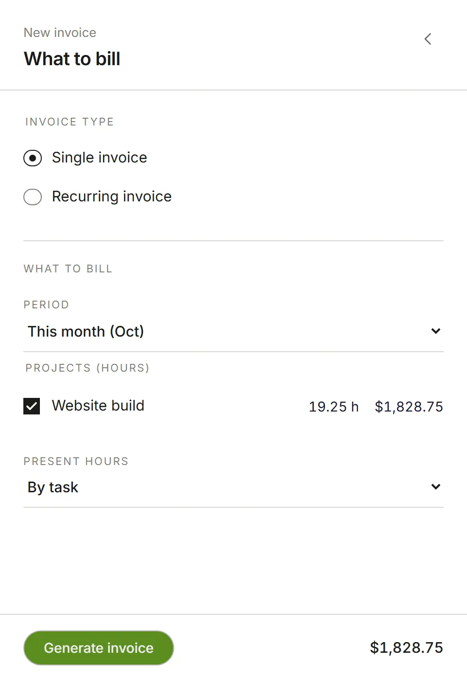 Step two: This month, with Website build ticked