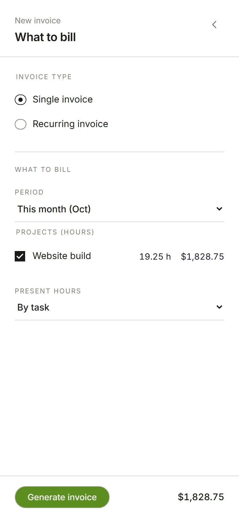 Step two: This month, with Website build ticked