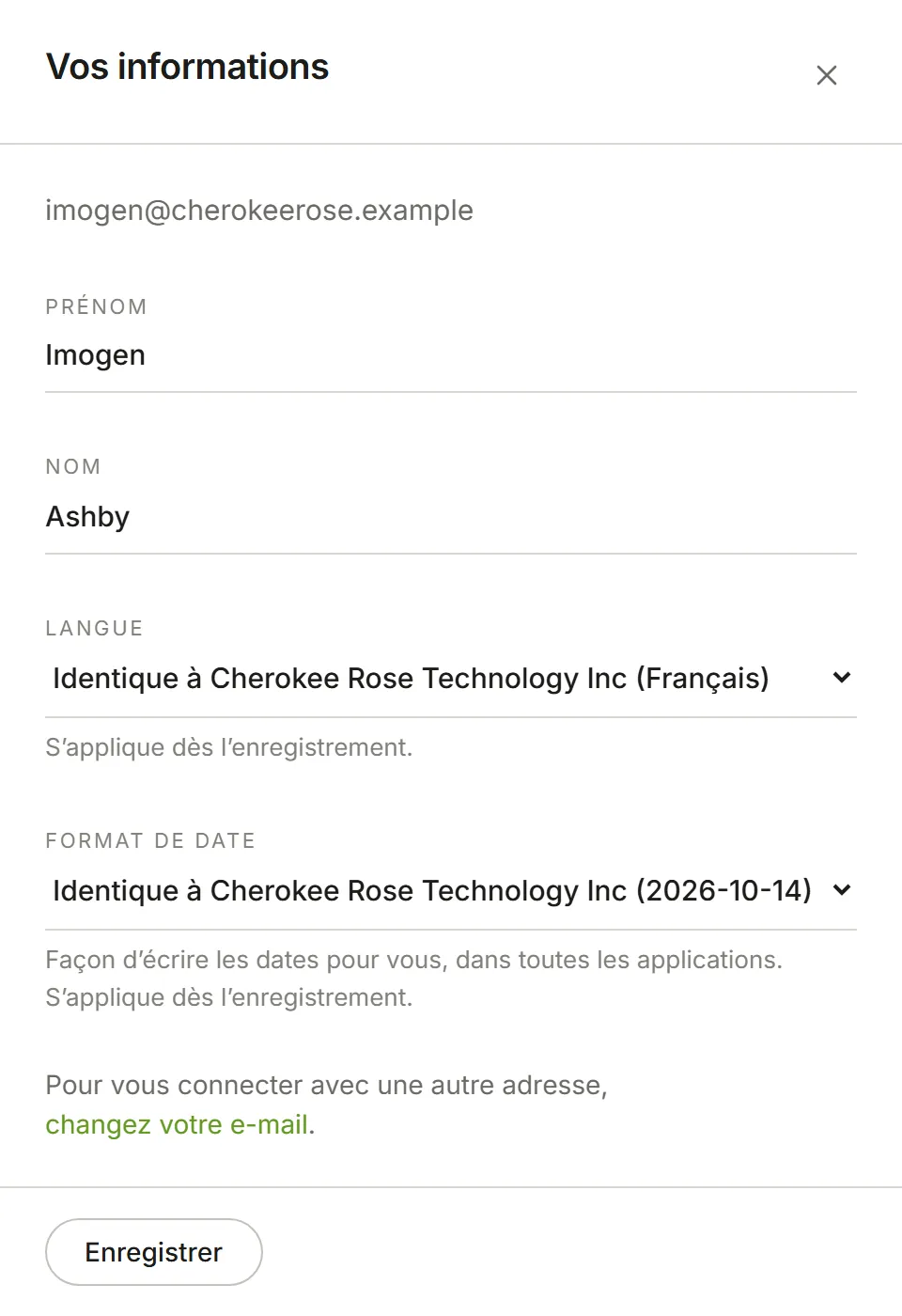 Le panneau Vos informations : prénom, nom et langue