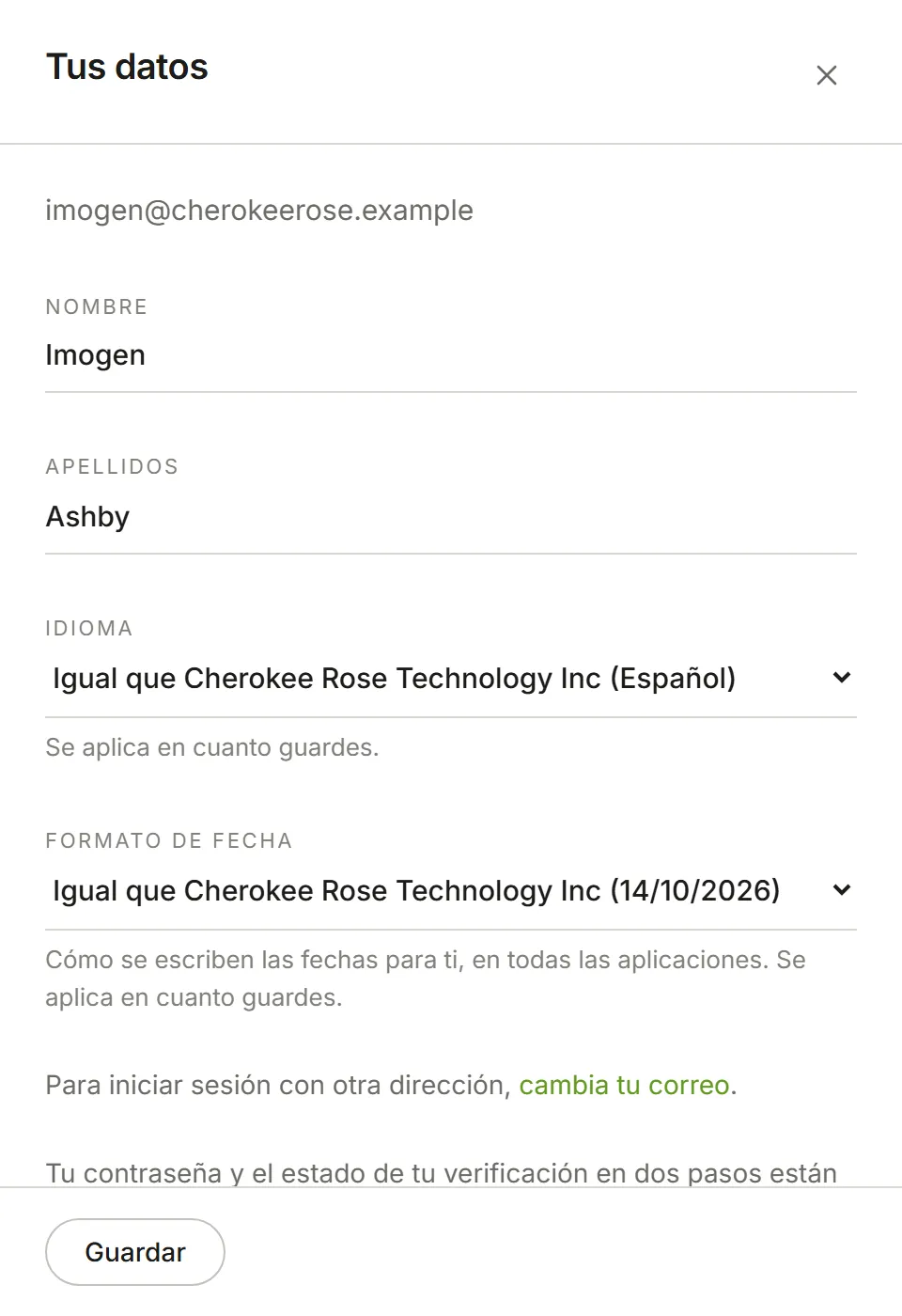 El panel Tus datos: nombre, apellidos e idioma