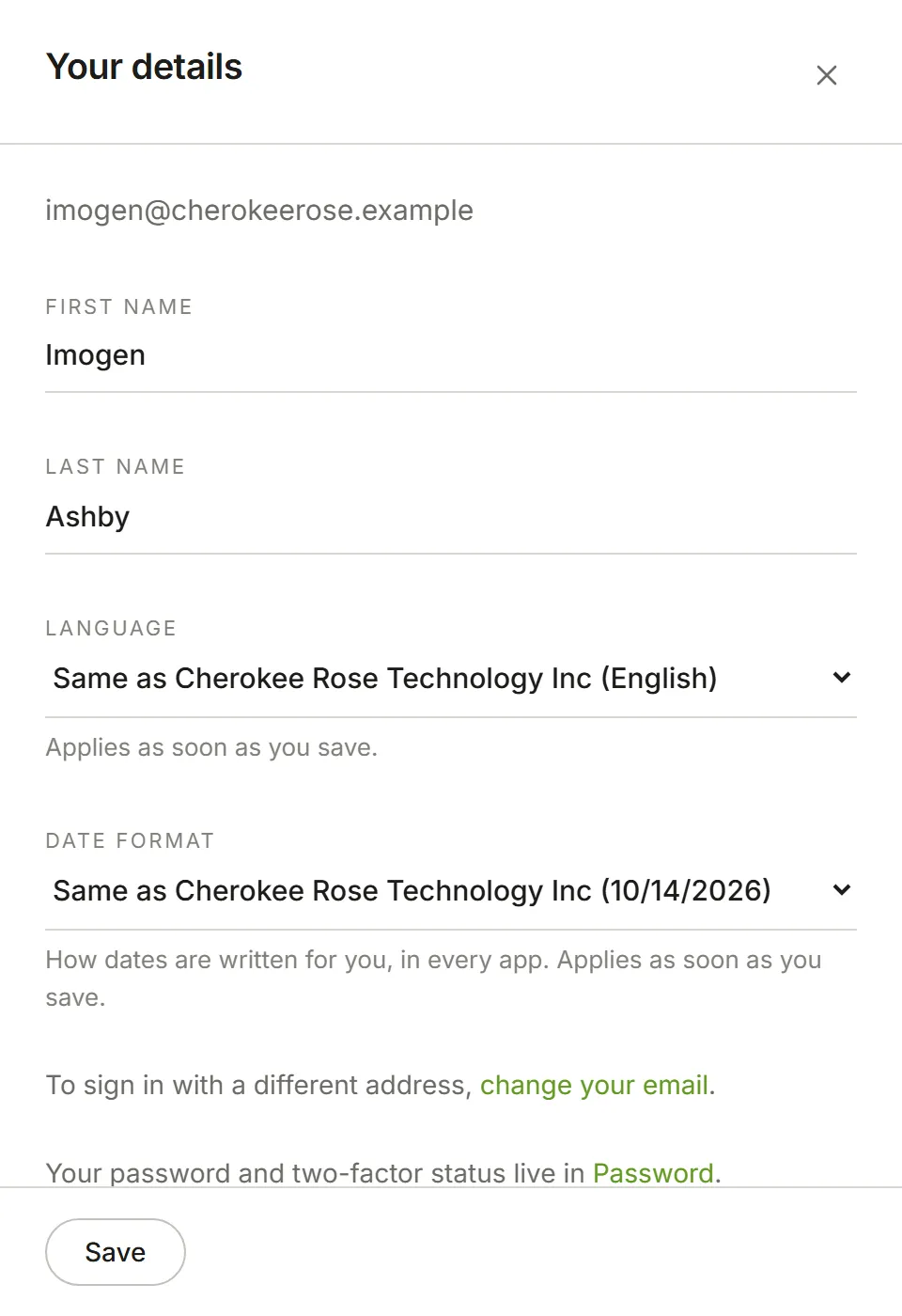 The Your details panel: first name, last name and language