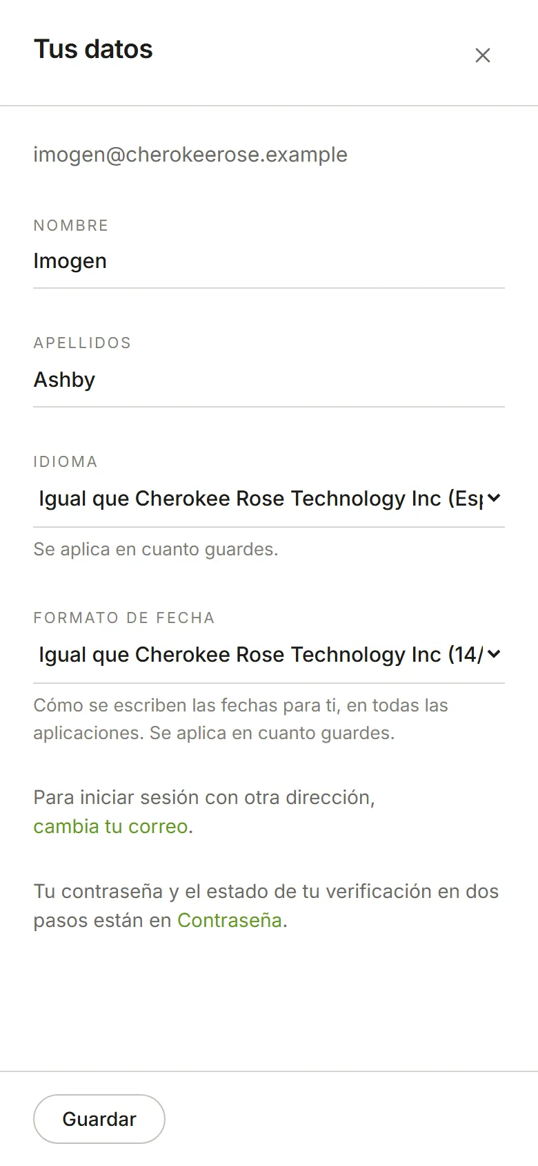 El panel Tus datos: nombre, apellidos e idioma