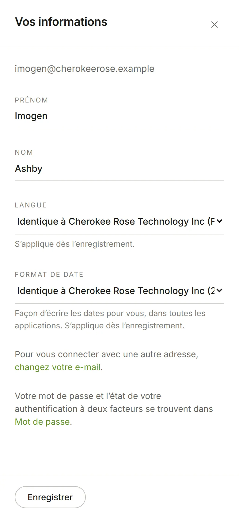 Le panneau Vos informations : prénom, nom et langue
