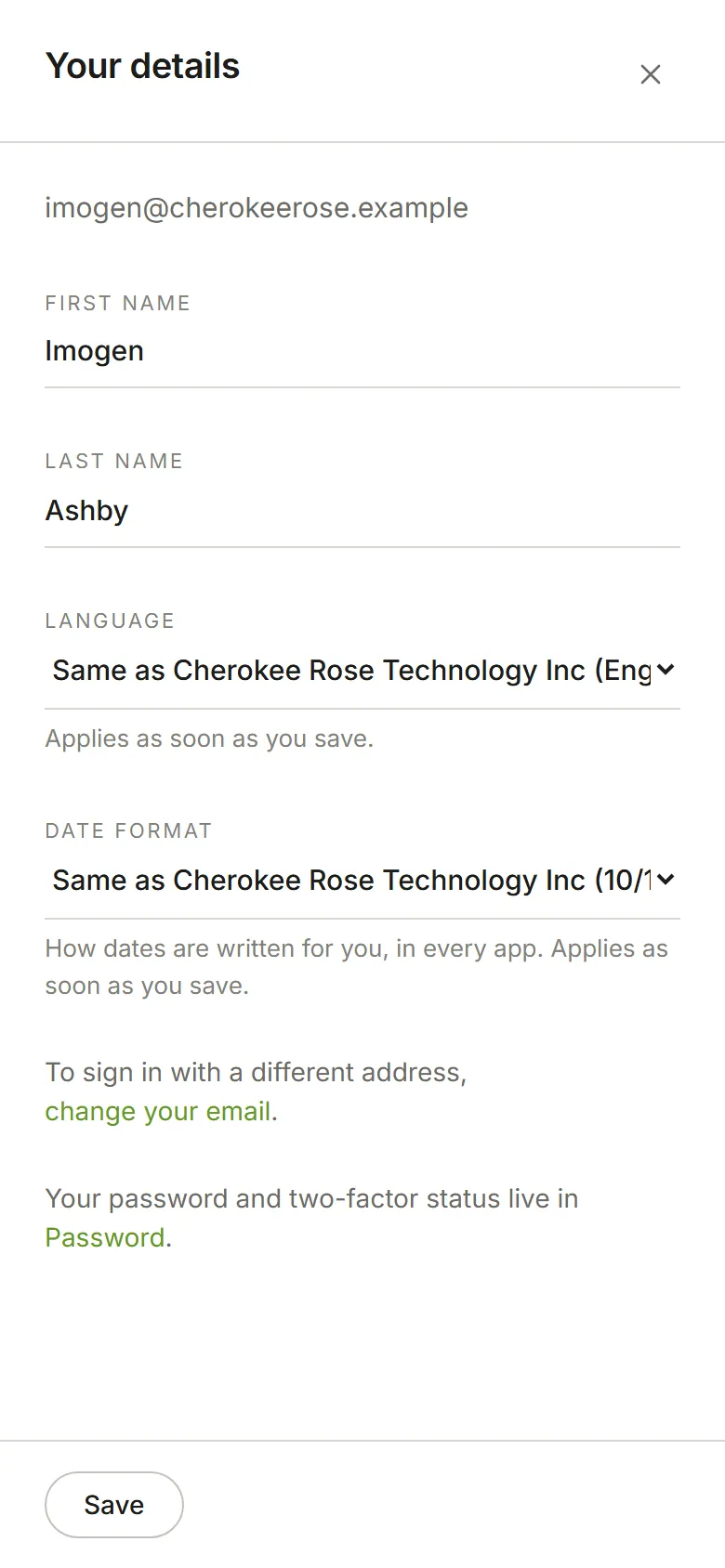 The Your details panel: first name, last name and language