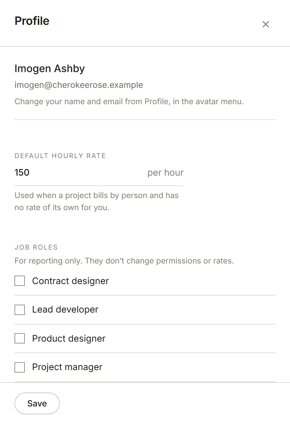 The Profile panel: default hourly rate and job roles