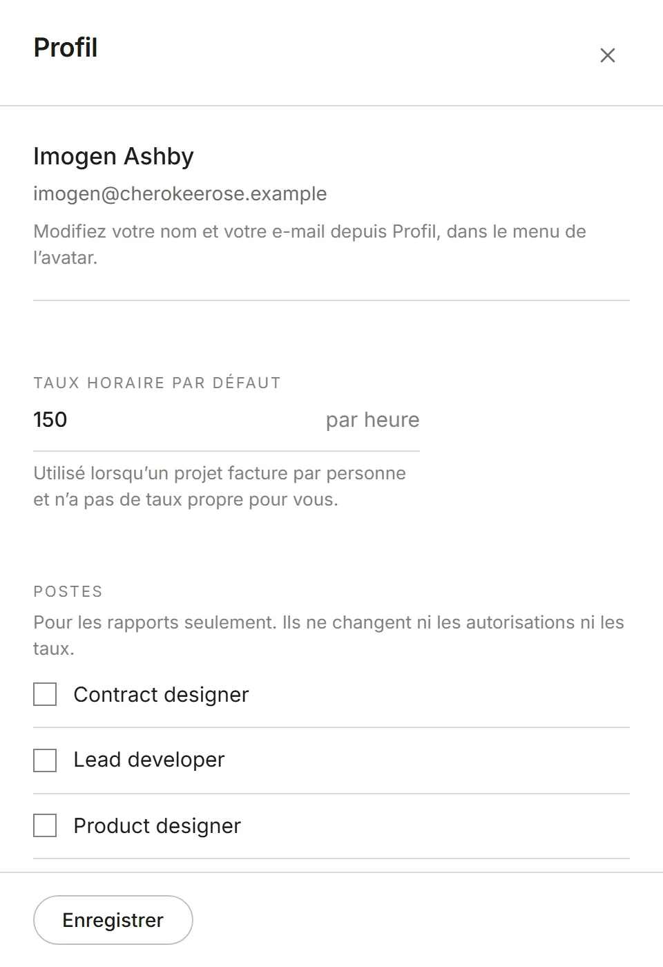 Le panneau Profil : taux horaire par défaut et postes