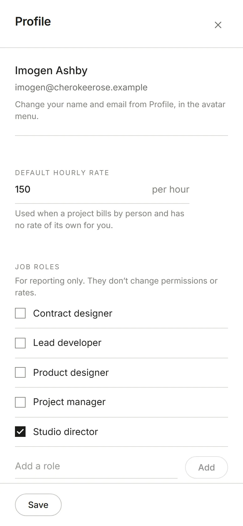 The Profile panel: default hourly rate and job roles