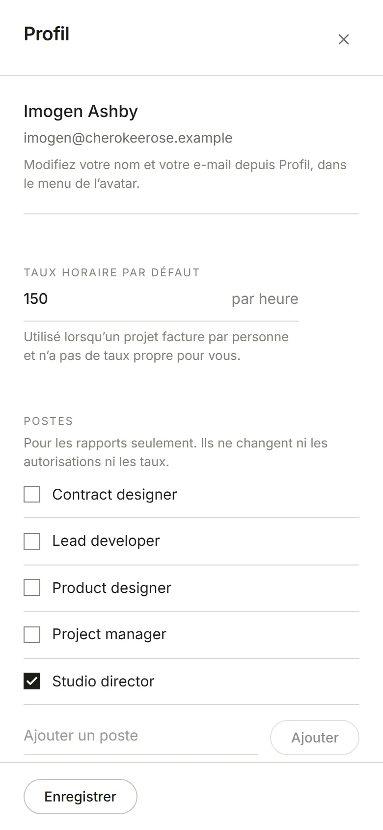 Le panneau Profil : taux horaire par défaut et postes