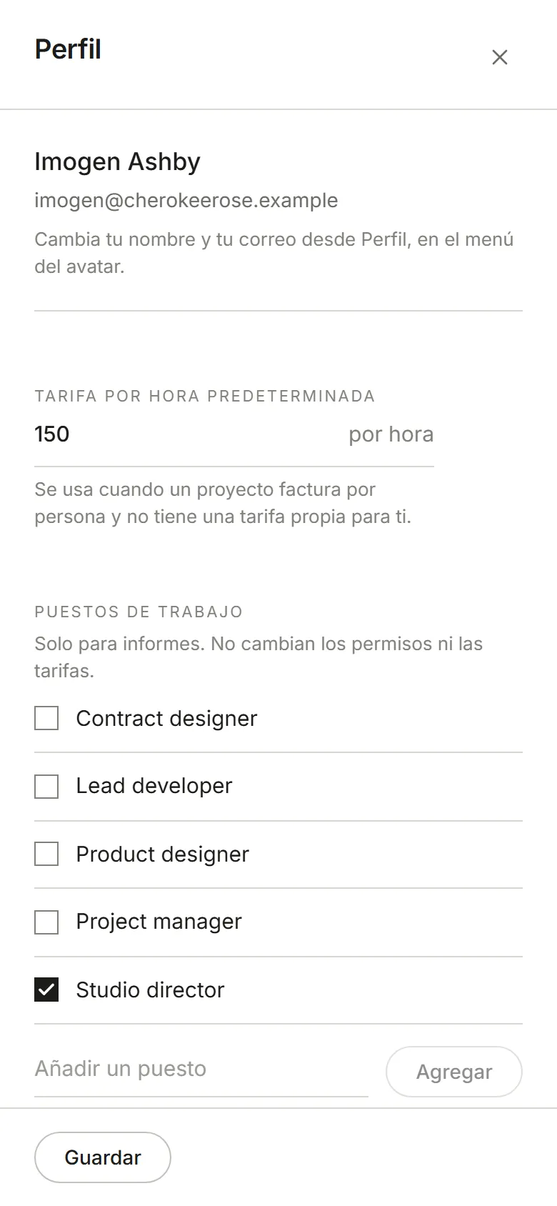 El panel Perfil: tarifa por hora predeterminada y puestos de trabajo