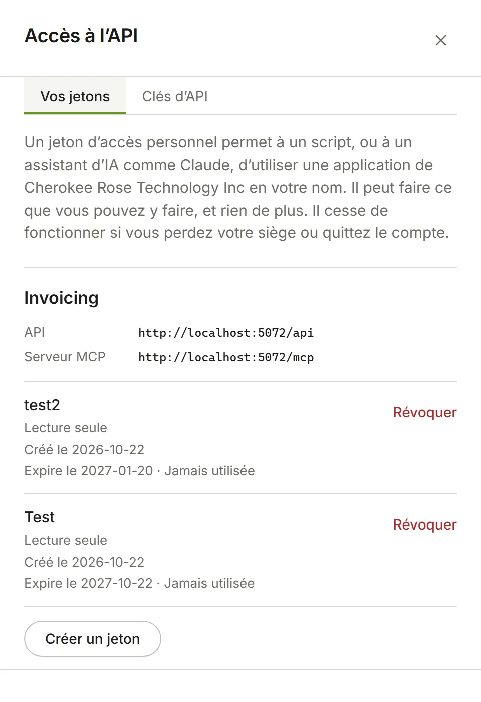 Accès à l’API, Vos jetons : chaque application avec vos jetons pour celle-ci